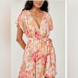 Free People Floral Mini Dress in Pink and Orange